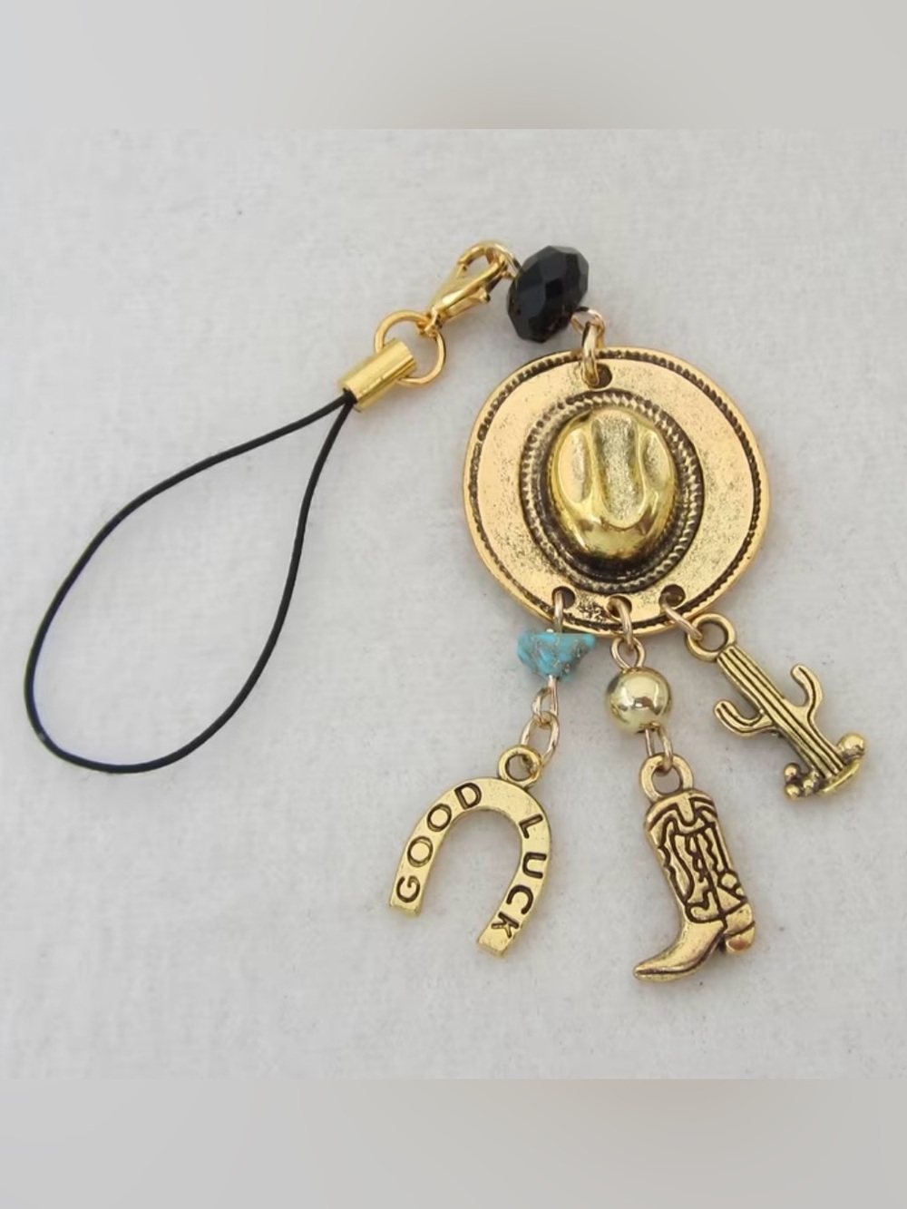 Western Gold Bag Charm or Gold Western Charm Phone Strap with Black Bead